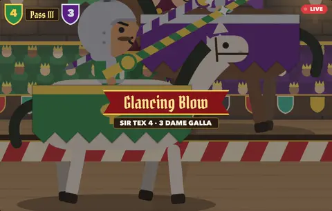 A joust on the Battle Banquet: two knights charge with lances, and the banner reads Glancing Blow.