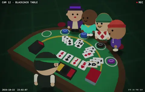 Eye in the sky, camera 12: a security camera looks down on the blackjack table as the dealer deals.