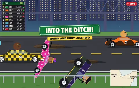 The Jackpot Run: two cars flip off the road under an INTO THE DITCH banner.