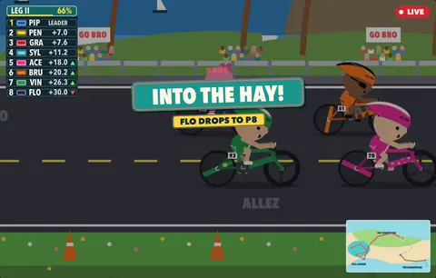 Ultimate Race: cyclists on the coast road, and one has gone into the hay.